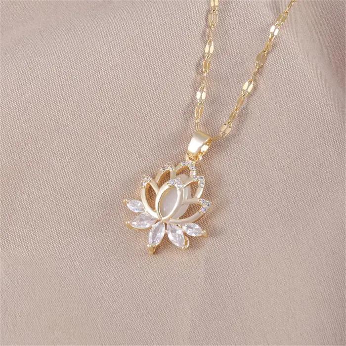 Collier de luxe en cristal de Zircon blanc pour femmes, pendentif fleur de Lotus, Vintage, couleur o