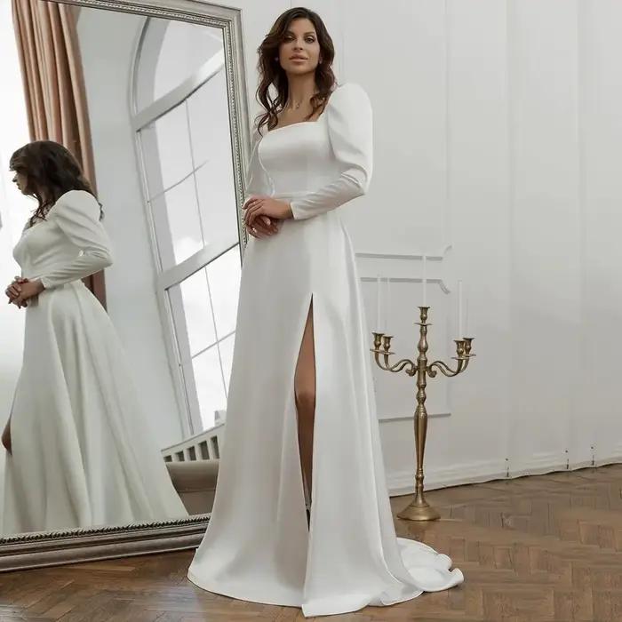 Robe de Mariée Élégante en Satin à Manches Bouffantes, Sexy, Fendue sur le Côté, Forme Trapèze, Pers