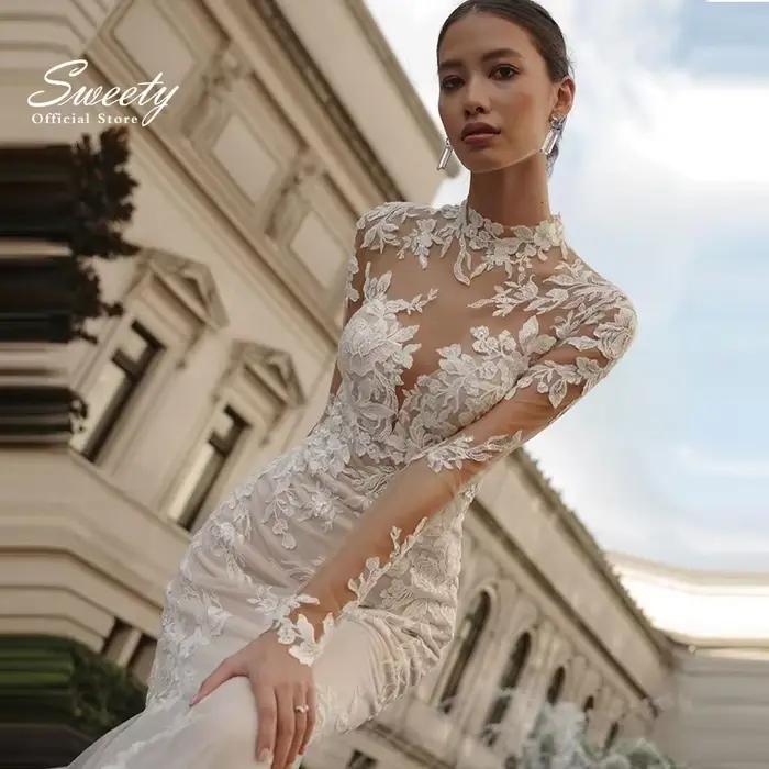 Robe de mariée sirène à col haut, robe de Rhbrodée, manches longues, organza élégant, robe de mariée