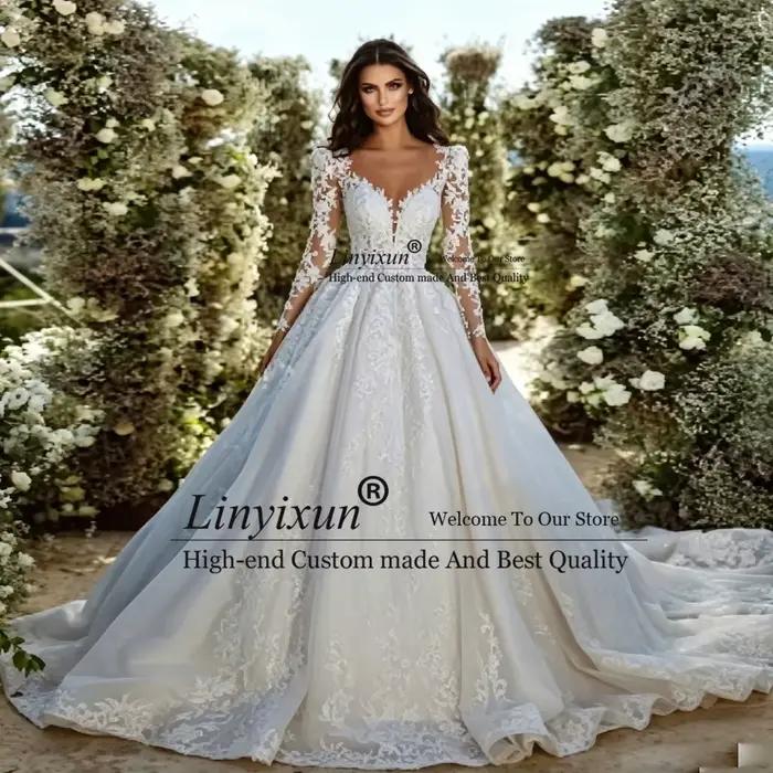 Robes de mariée élégantes à col en V pour femmes, robe de mariée Vintage en dentelle florale, dos ou