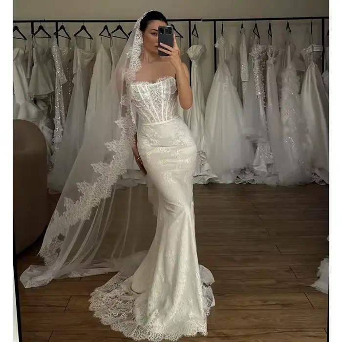 Robe De mariée Vintage en Organza avec broderie, robe De bal sirène, sans bretelles, sans manches, p