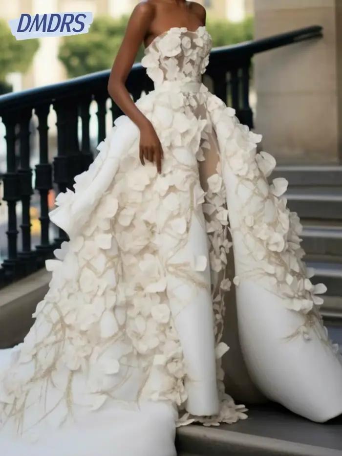 Robe de Mariée Romantique Sans Bretelles en Satin avec Fleurs 3D, Vêtement de Luxe Personnalisé avec