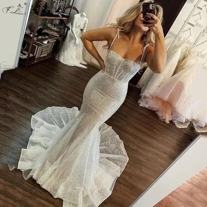 Robe de mariée sirène pour femme avec traîne, classique, minimaliste, blanche, à sequins, bretelles