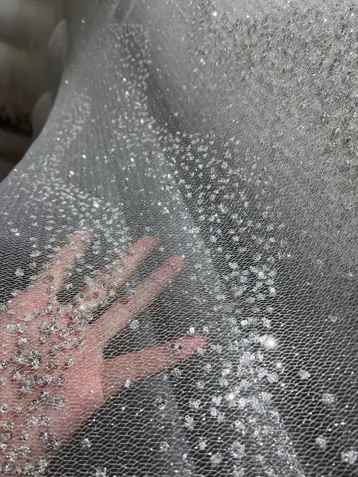 Base Flash, paillettes de grille blanche, estampage à chaud, spray argenté, tissu pour robe de marié