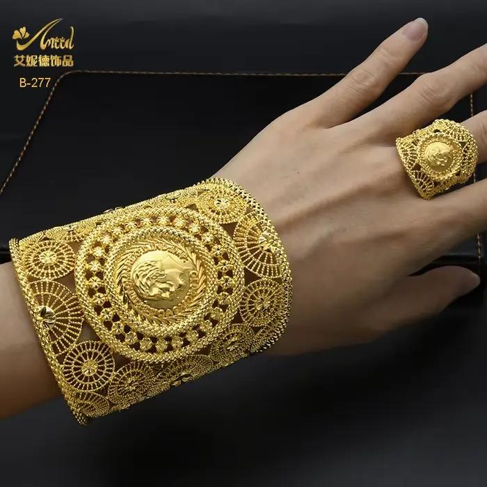 Bracelets en or de Dubaï avec bague pour femme, bracelet à breloques indiennes, bijoux arabes, fête