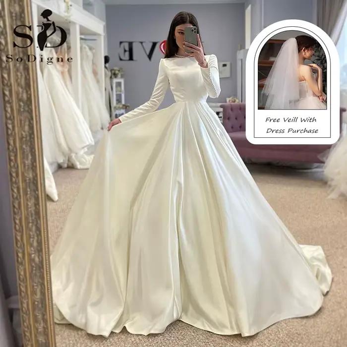 SoDigne-Robe de Mariée en Satin à Manches sulf, Vêtement Conservateur, pour Patients Musulmans, Mode