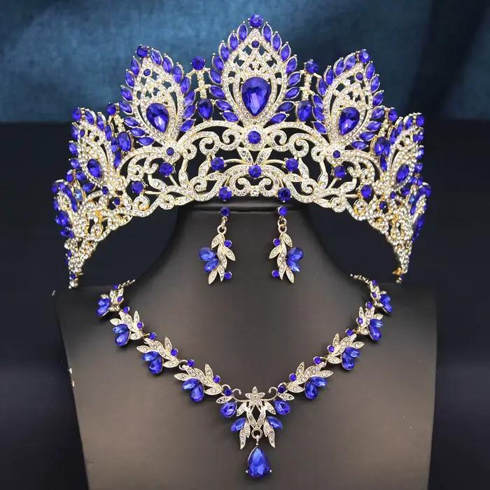 Parures de bijoux de mariée en 11 couleurs, diadèmes et colliers avec boucles d'oreilles pour femmes