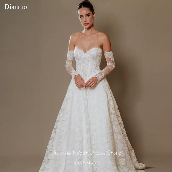 Robe de mariée princesse plissée en dentelle Dianruo, style A-line, avec appliques et décolleté cœur