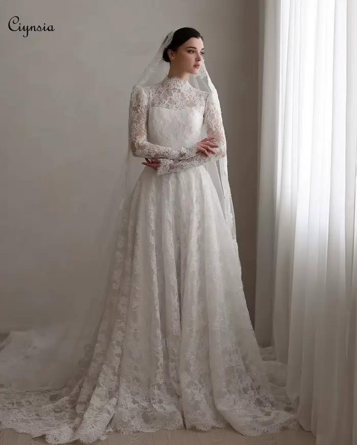 Robe De mariée élégante en dentelle, personnalisée, ligne a, col haut, manches longues, avec voiles