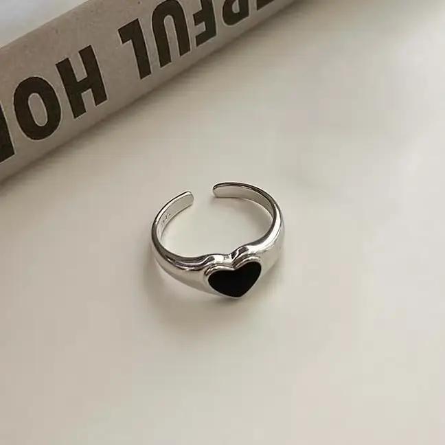 Bague de couple coeur d'amour en émail noir vintage pour hommes et femmes, ouverture réglable de per