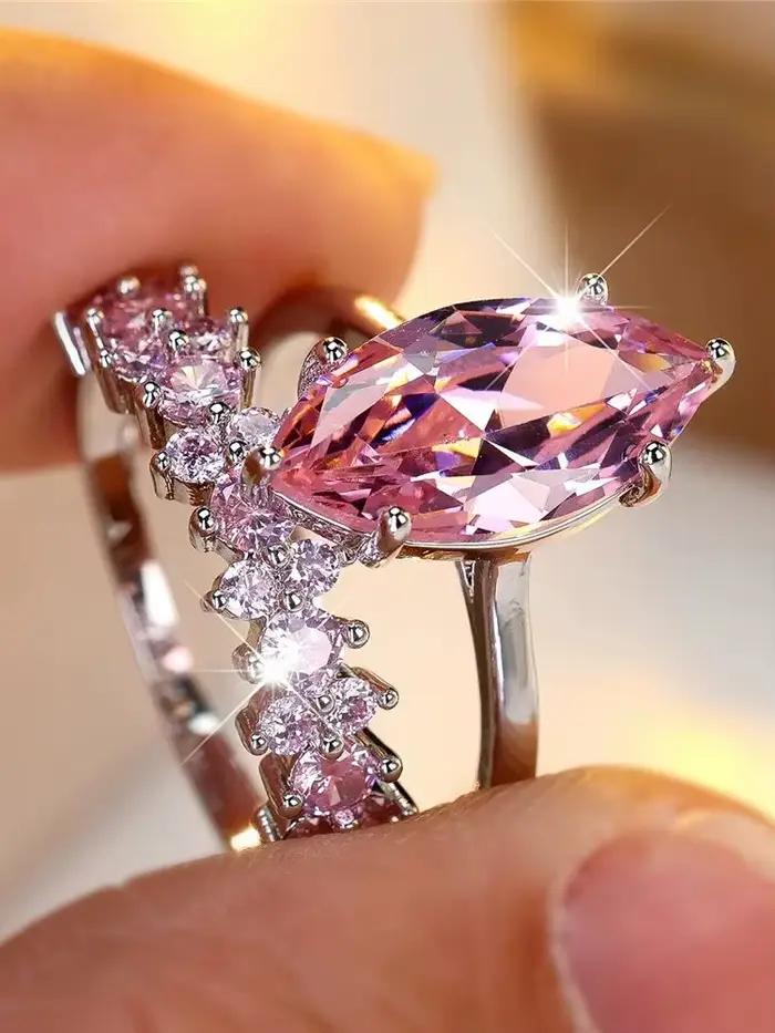 Ensemble de bagues de fiançailles en pierre de Zircon rose pour femmes, Vintage, couleur argent, ban