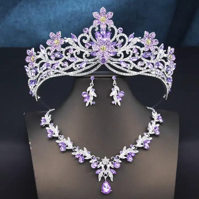 Parures de bijoux de mariée pour femmes, 3 pièces : collier, boucles d'oreilles et couronne, accesso