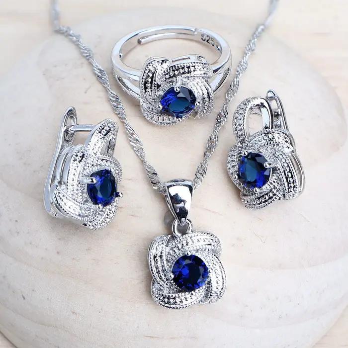 Ensembles de bijoux en zircon bleu pour femmes, en argent Sterling 925, Costume de mariage, bijoux,