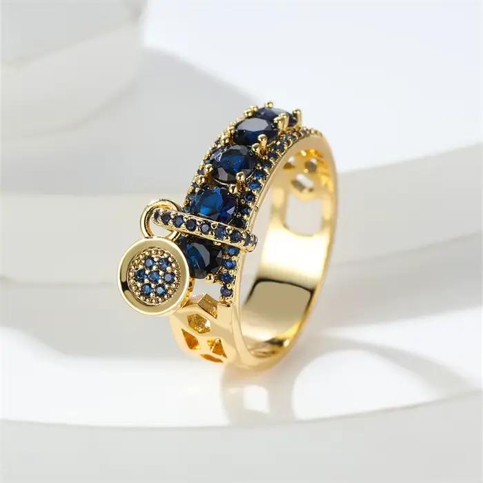 Bague Vintage en pierre bleu Royal, couleur or jaune, bagues de mariage de luxe pour femmes, bague r