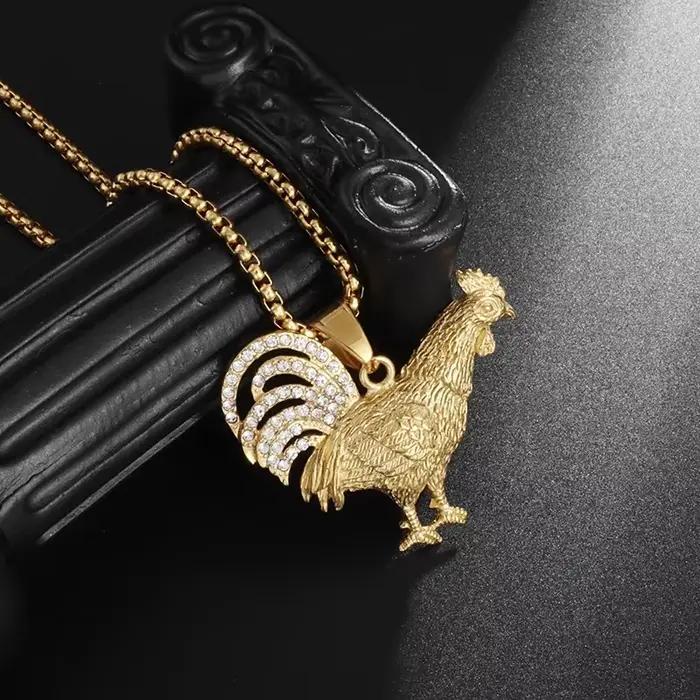 Hip-Hop Cool zodiaque Animal grand coq pendentif collier incrusté de cristal Zircon hommes et femmes