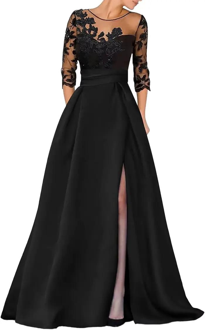 Robe de soirée élégante en satin sur mesure, col bijou, robe de bal, appliques en dentelle, robe de