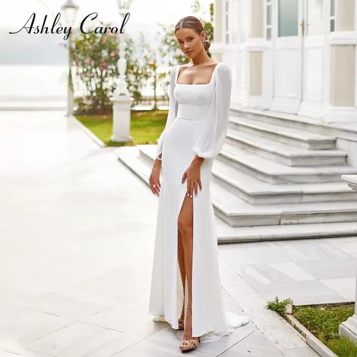 Ashley Carol-Robe de mariée sirène, col carré, dos nu, manches bouffantes, mousseline de soie, ourle