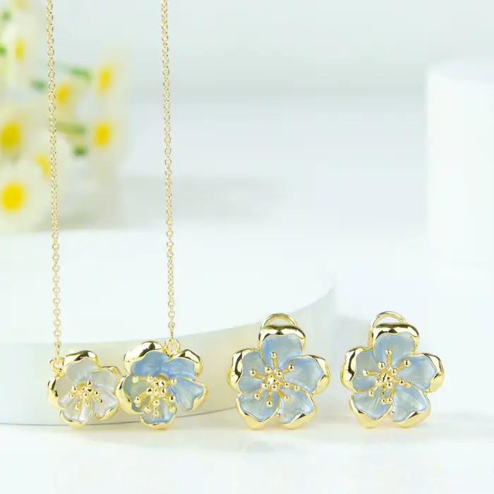 Parure de bijoux florale élégante de Dubaï, couleur or 14 carats, haute qualité, collier et boucles