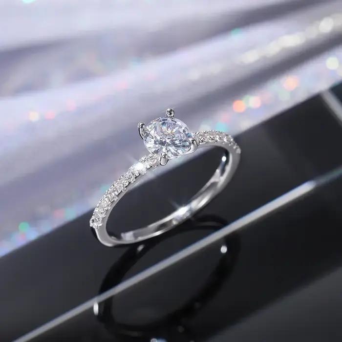 Huitan alliance éternité anneaux femmes brillant rond zircone luxe bagues de fiançailles mince éléga
