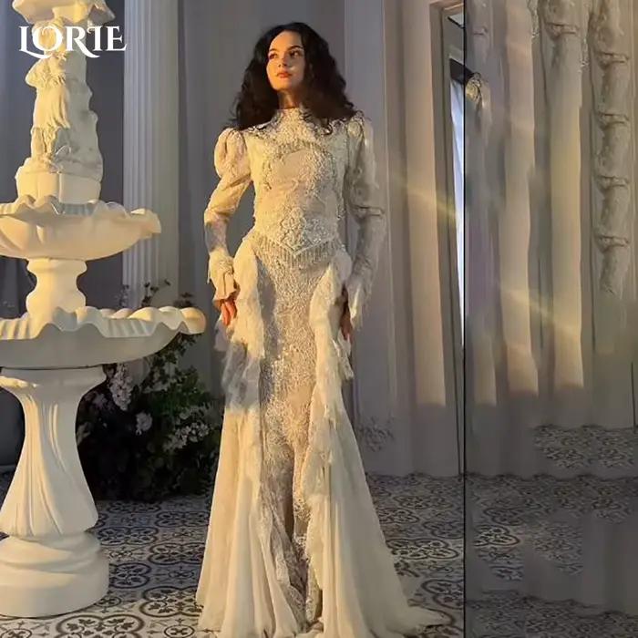 LORIE – robe de mariée sirène en dentelle pour femmes, manches longues, col haut, robe de mariée sir