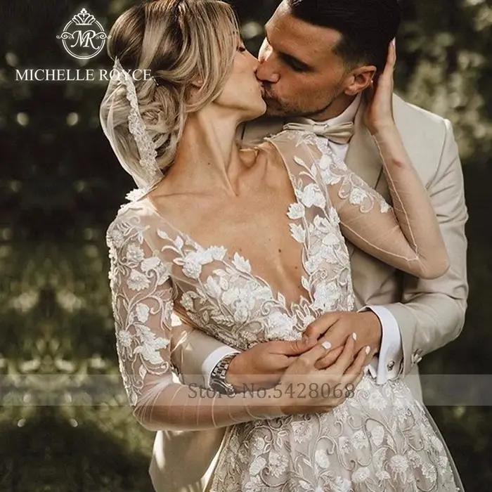 Michelle Royce a-ligne robes De mariée pour les femmes Sexy Appliques dos nu chapelle Train col en v