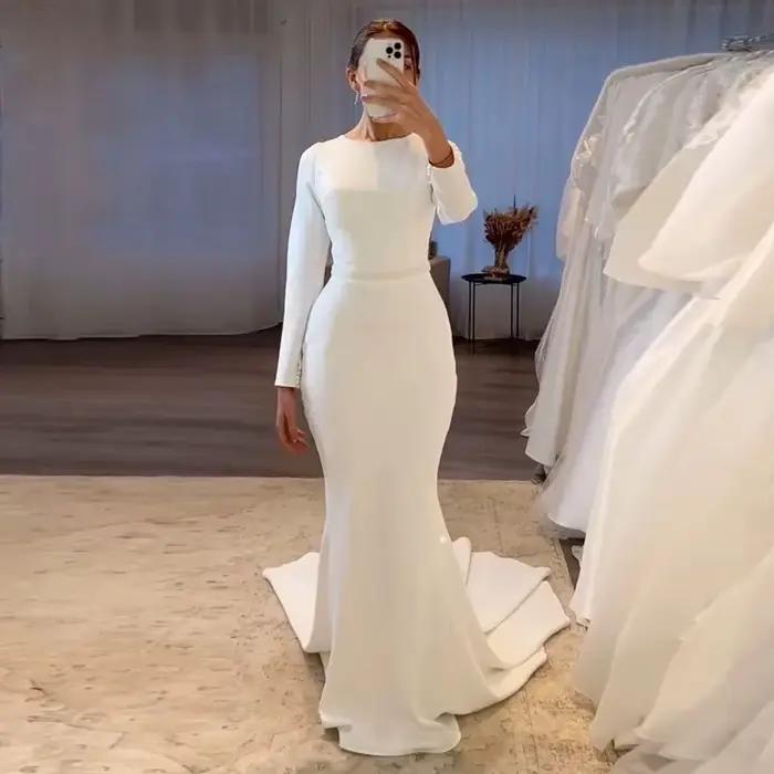 Robe de mariée bohème personnalisée, col rond, ceinture, manches longues simples, coupe sirène, traî