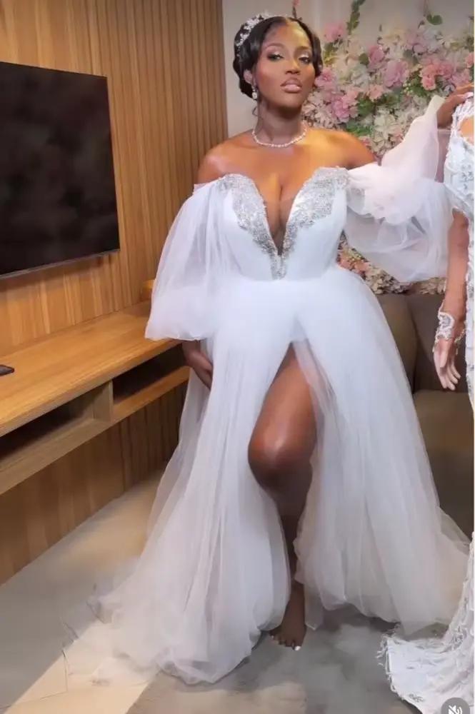 Robes de mariée blanches à manches longues pour mariage, tulle fendu sur le côté, robes de douche pe