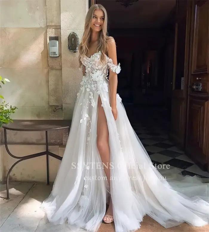 SSYTENS-Robes de mariée à fente haute pour femmes, robes en dentelle personnalisées, manches chérie,