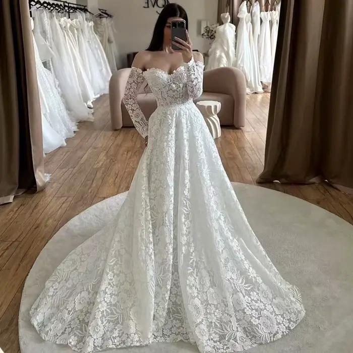 Robe de mariée exquise à fleurs volumineuses, ligne a, robe de bal, manches longues, col bateau, den
