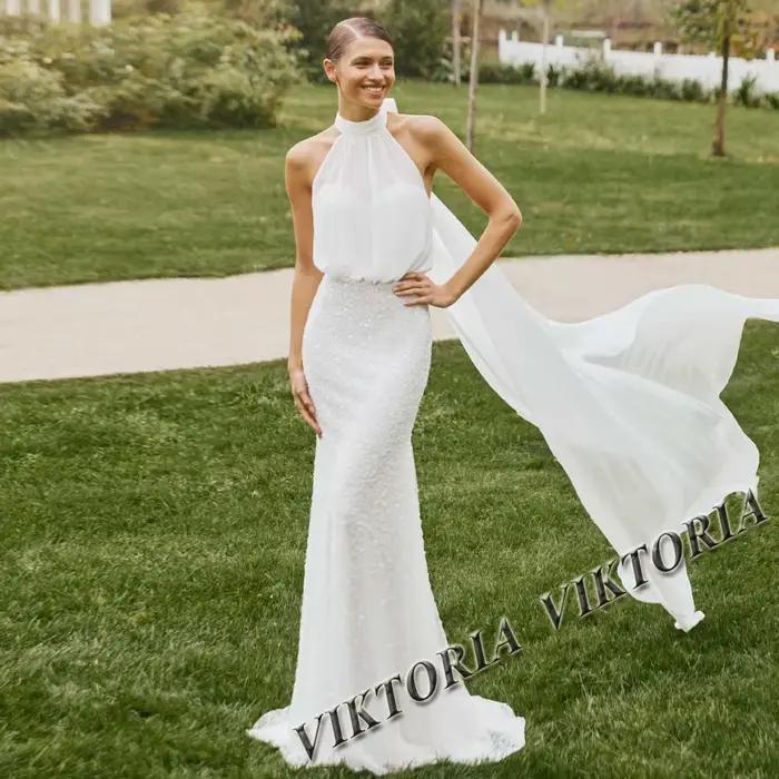 VIKTORIA-Robe de Mariée Exquise en Mousseline de Soie, Tenue Personnalisée avec Perles, Col Licou, N