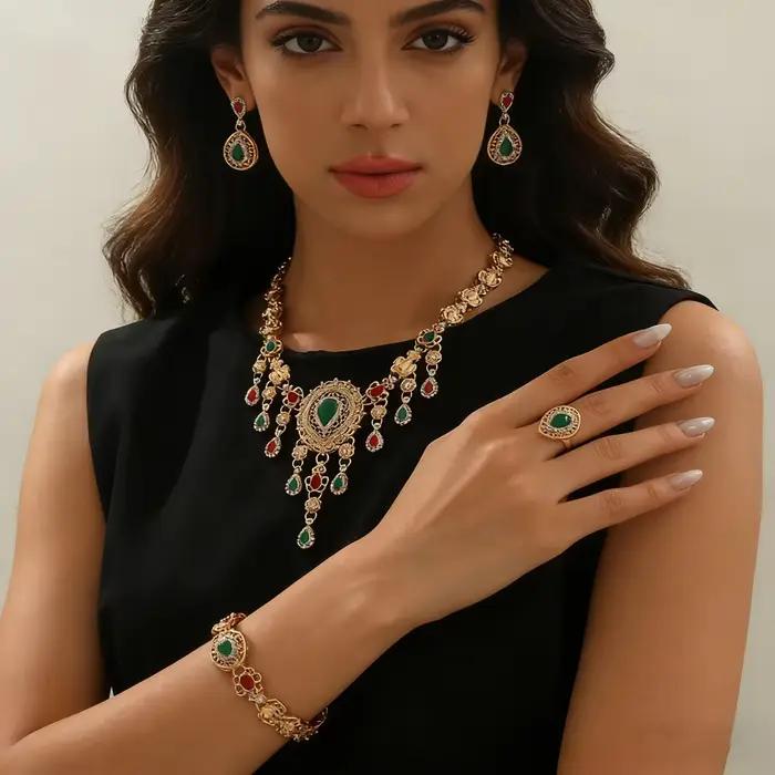 Ensemble de bijoux en forme de gouttelette rouge et verte, incrusté de strass, vintage, ethnique, marocain, accessoire de mariage pour mariée
