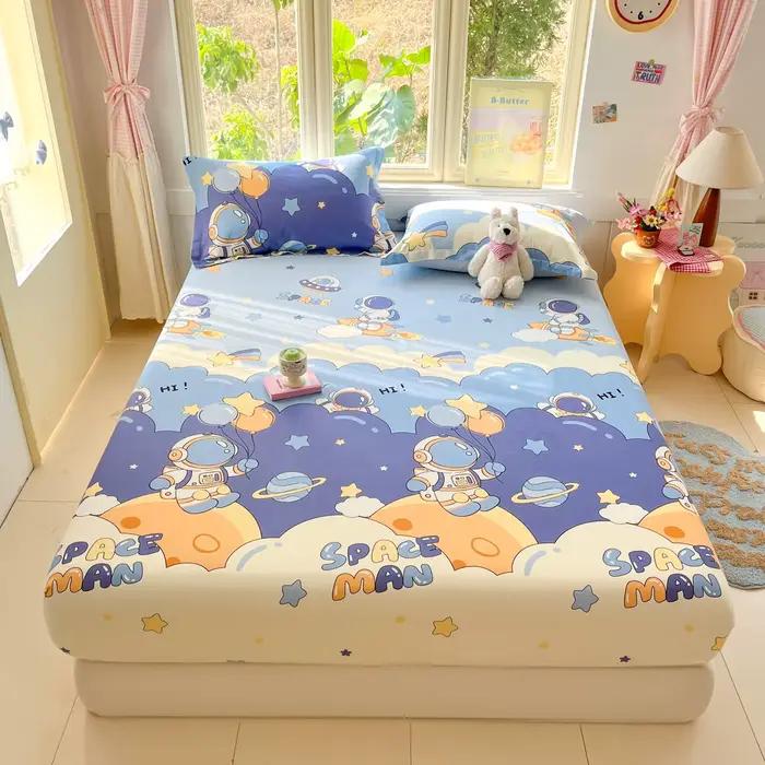 Drap-housse 100 % coton motif astronaute de dessin animé pour adultes et enfants, housse de matelas à poches profondes avec élastique et taies d'oreiller