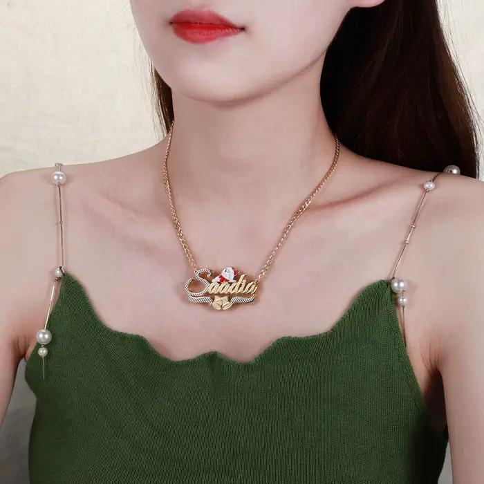 Bijoux festifs de noël pour femmes, collier avec nom personnalisé, bonhomme de neige et cloche de noël, Design personnalisé bicolore Double couche Pla