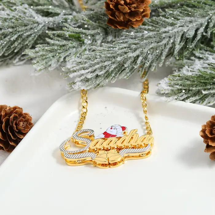 Bijoux festifs de noël pour femmes, collier avec nom personnalisé, bonhomme de neige et cloche de noël, Design personnalisé bicolore Double couche Pla