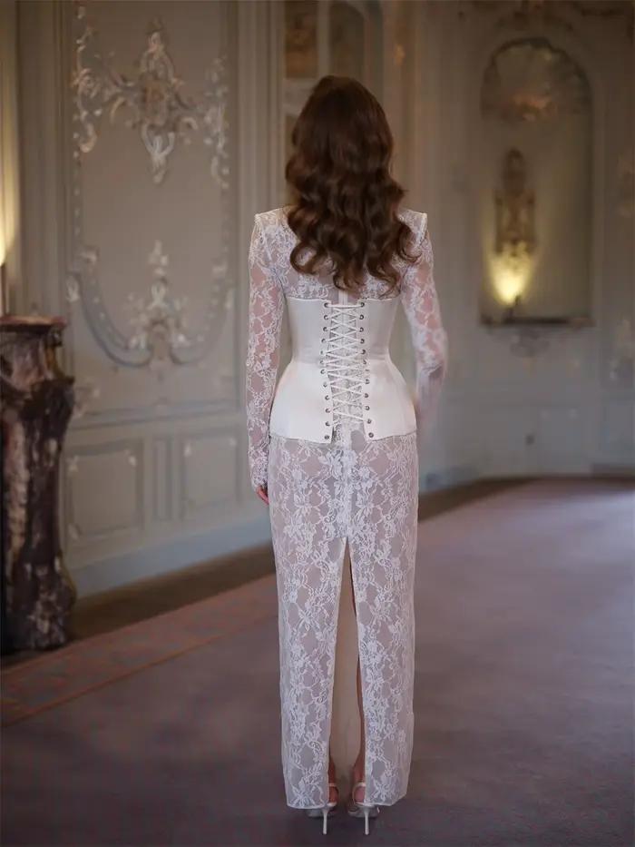 Robe de mariée sirène blanche personnalisée Kyoto en dentelle florale, manches longues, dos lacé, longueur ras du sol, vestidos de noche, robe de mariée
