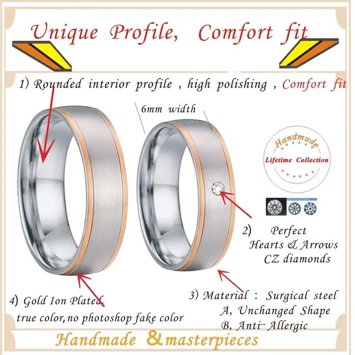 Alliances de mariage classiques en acier inoxydable plaqué or rose serties de zirconium blanc pour couples occasions spéciales mariage anniversaire