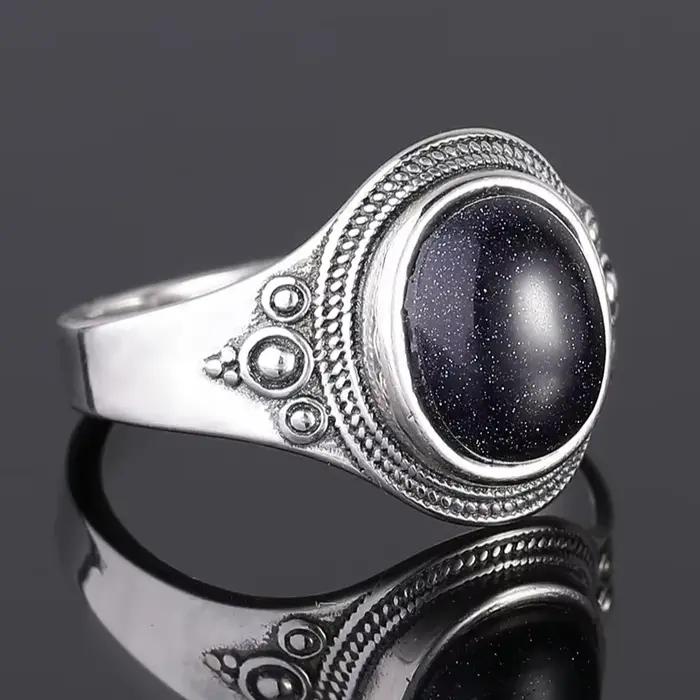 Bague en grès bleu naturel 8x10MM pour femmes, bijoux en argent et pierres précieuses noires, cadeau d'anniversaire, bague de vie quotidienne occasions spéciales