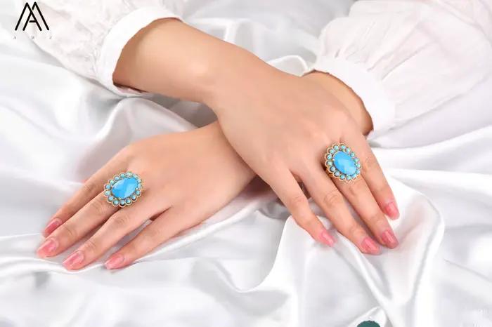 Bagues de déclaration bleu Turquoise pour femmes, style bohémien, pierres précieuses naturelles, réglables, de styliste, bijoux cadeaux pour fête de mariage