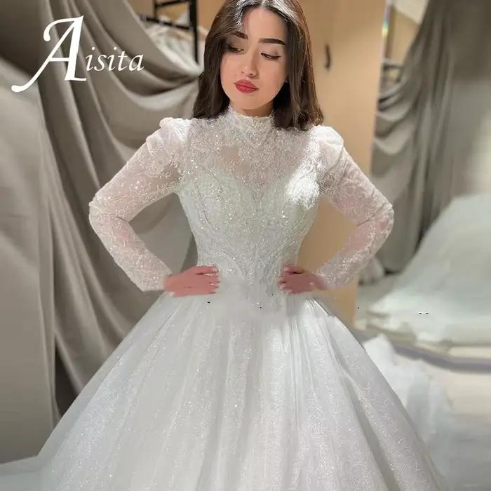 Robe de mariée de luxe 2025, col haut, manches longues, appliques en dentelle, paillettes, robes de mariée, robe de mariage, vestidos de novia, sur mesure