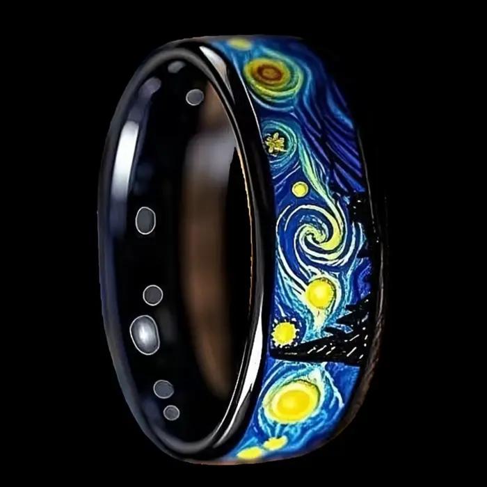 Bague noire à motif de nuit étoilée Unique pour hommes et femmes