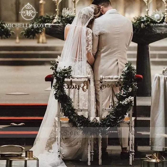Michelle Royce a-ligne robes De mariée pour les femmes Sexy Appliques dos nu chapelle Train col en v profond robe