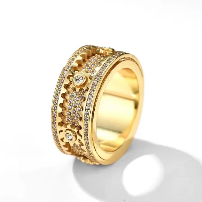 Bague de bande 3D faite à la main, diamant orné d'engrenage géométrique, anneaux rotatifs, décompression mécanique, bague d'anxiété pour femmes et hommes