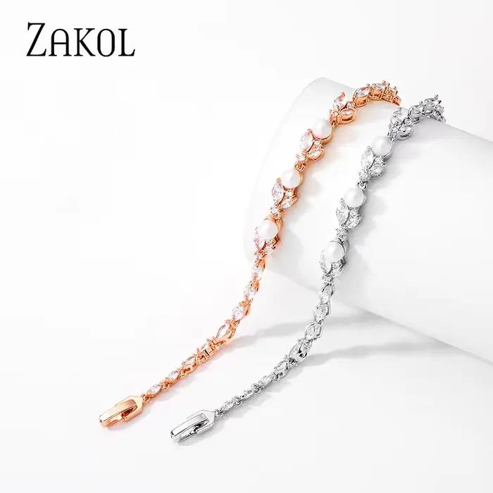 ZAKOL exquis Marquise Zircon feuilles Bracelet de perles pour les femmes de haute qualité bijoux de mariage de luxe