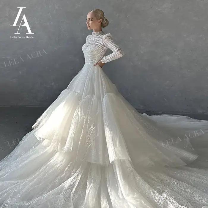 Robe de Mariée à Manches Longues Personnalisée avec Traîne de la Cour pour Femmes Occasions Spéciales Blanc Champagne Ivoire