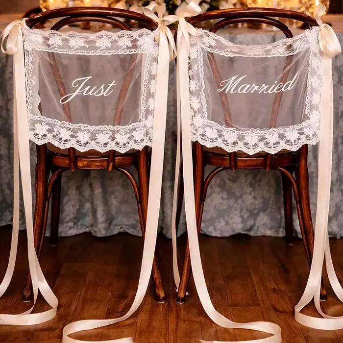 2 pièces de décorations en dentelle pour dossier de chaise de mariage, avec ruban et enseignes 'Just Married' pour chaises de mariés, bannières en dentelle transparente