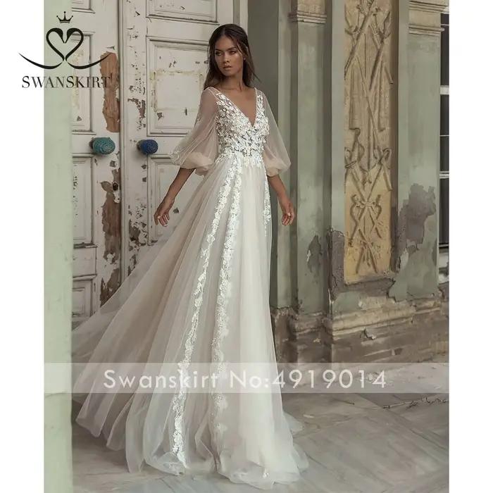 3D fleurs robe De mariée Appliques a-ligne col en v perlé
