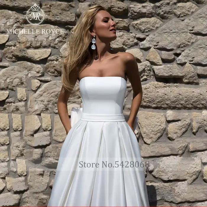 Michelle Royce a-ling robes De mariée élégantes sans bretelles à lacets ceintures nœud Court Train