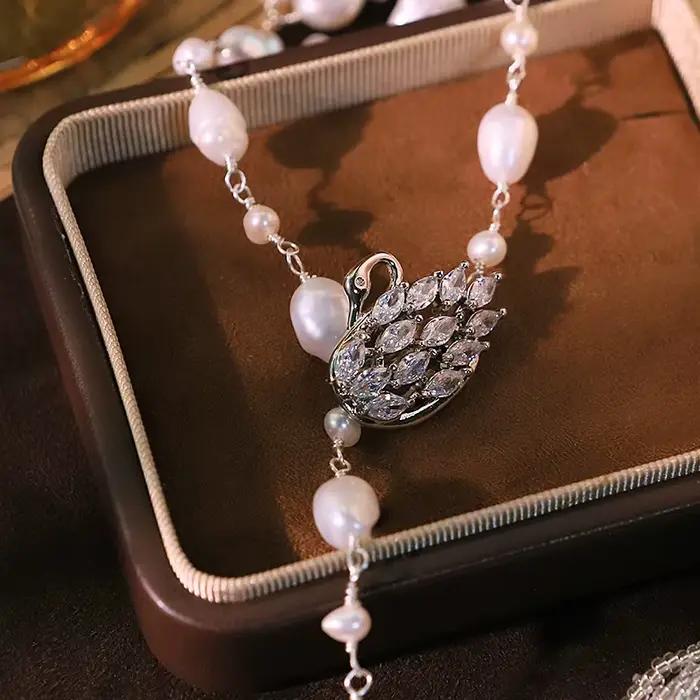 Chaîne de pull en verre de Zircon de cygne de perle naturelle, Design fait à la main, collier de haute qualité, cadeau pour femme, bijoux GN0822