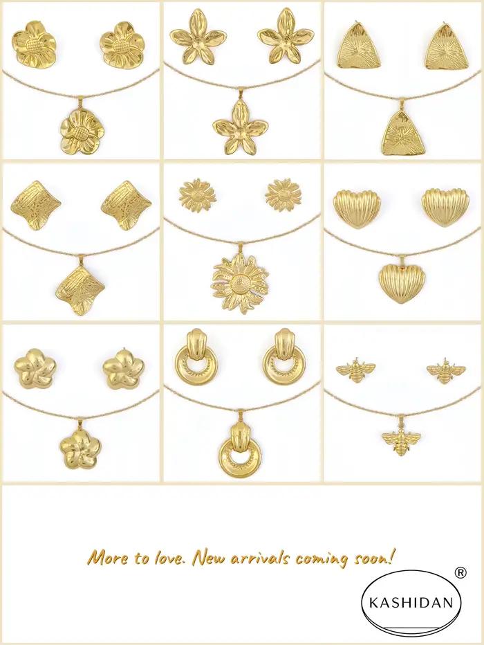 Parure de bijoux tendance en acier inoxydable pour femme : collier pendentif fleur 3D épaisse et boucles d'oreilles clous florales lisses