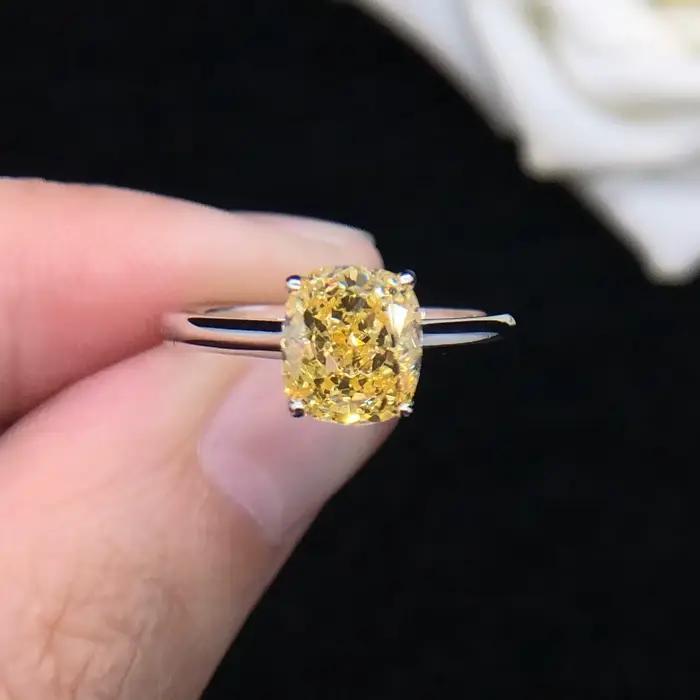 Vogue bijoux 1.5Ct coussin coupe laboratoire cultivé diamant jaune bague de fiançailles 14K AU585 or blanc bijoux fins R158